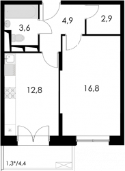 Однокомнатная квартира 42.3 м²