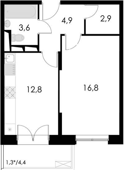Однокомнатная квартира 42.3 м²