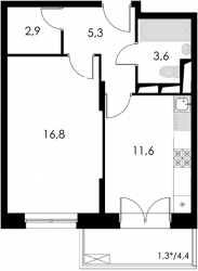Однокомнатная квартира 41.5 м²