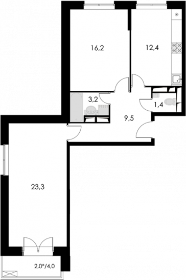 Двухкомнатная квартира 68 м²