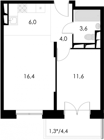 Однокомнатная квартира 42.9 м²