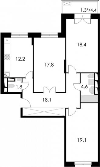 Трёхкомнатная квартира 93.3 м²