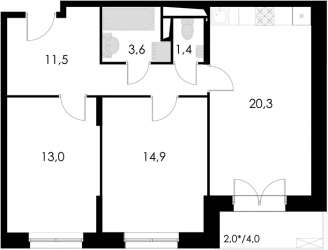 Двухкомнатная квартира 66.7 м²