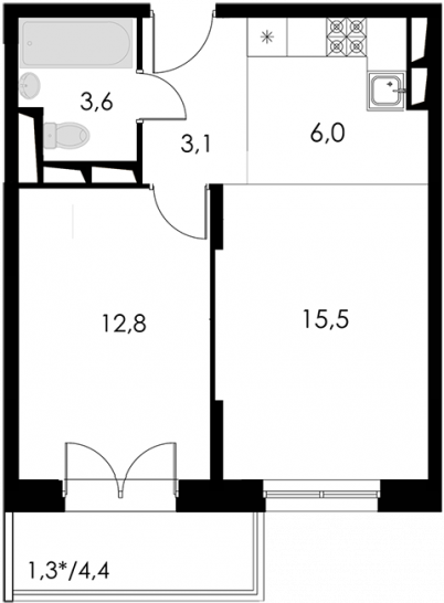 Однокомнатная квартира 42.3 м²