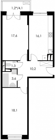 Двухкомнатная квартира 68.1 м²